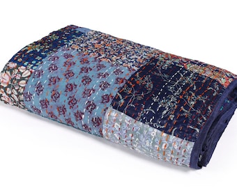 Indian Patola Silk Kantha Quilt: Bohemian Patchwork Bedspread (108x108)