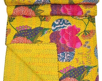 Edredón Kantha floral hecho a mano: colcha bohemia de algodón indio (108x108)