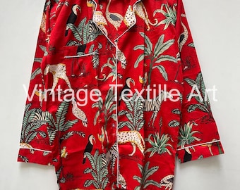 Jungle Print Cotton Pajamas Set: Indian Handmade Soft Night Suit