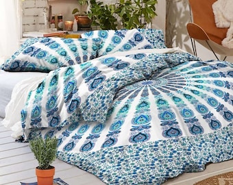 Ensemble housse de couette mandala bohème : literie indienne en coton avec taies d'oreiller