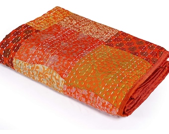 Orange Patola Silk Kantha Quilt: King Size Bohemian Bedspread (108x108)