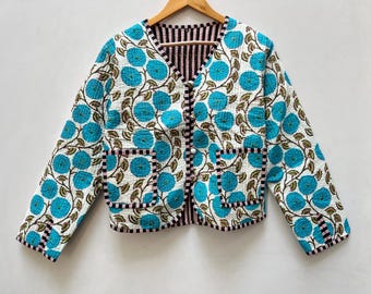 Hand Block Print Quilted Kimono Jacket: Floral Cotton Coat