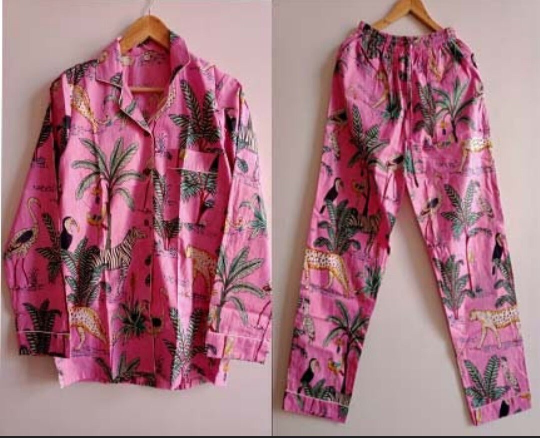 Safari Print Pajama Set, Cotton Pj Set, Bridesmaid Pj Set, Women Pajama Set, Night Dress, Adult Pj Set, Pj Dress, Sleepwear Pj, Gift For Her