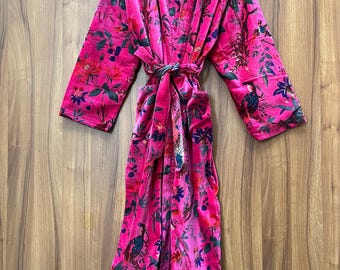 Peignoir en velours à imprimé oiseaux fait main : veste kimono en coton