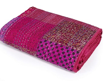 Indian Patola Silk Kantha Quilt: Orange Patchwork Bohemian Bedspread (108x108)
