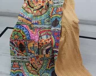 Reversible Floral Kantha Quilt: Handmade Indian Cotton Bedspread