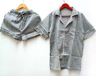 Striped Cotton Pajama Set: Handmade Shirt and Shorts PJs