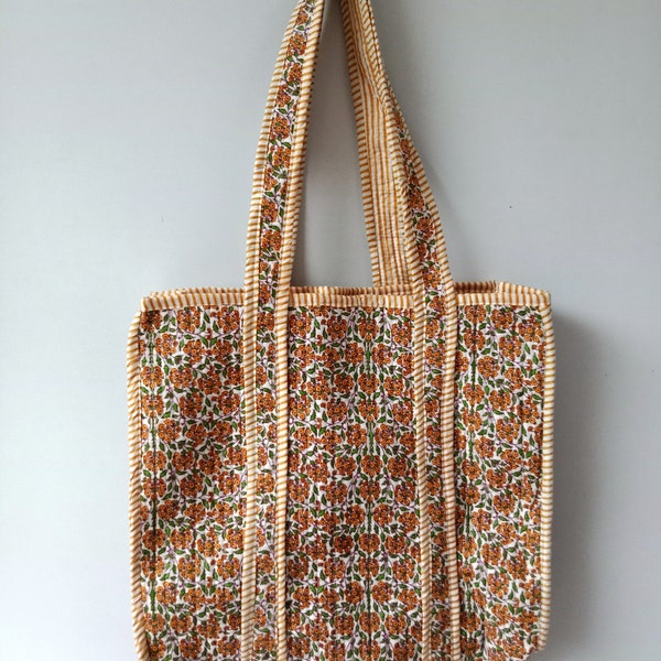 Handmade Quilted Floral Tote Bag: Reversible Cotton Shopper