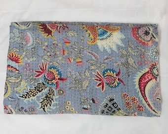 Handmade Floral Kantha Quilt: Indian Cotton Bedspread Throw