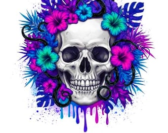 Puede incluir: Una calavera blanca con un contorno negro está rodeada de vibrantes flores y hojas tropicales de color rosa, azul y morado. La calavera tiene un efecto de goteo con pintura rosa, azul y morada.