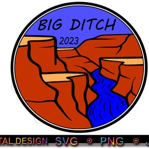 Puede incluir: Un diseño circular azul y naranja con el texto "BIG DITCH 2023" y una representación de un cañón con un río azul que fluye a través de él.