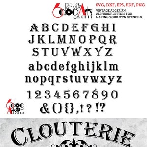 May include: Black and white stencil design for a vintage-style sign that reads "Clouterie 1812 Articles pour Bottiers Articles de Paris". The stencil includes a decorative flourish and a banner with the year 1812.