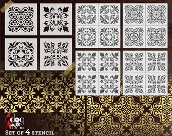 May include: Set of four digital stencil templates featuring intricate floral designs. The stencils are in black and white and can be used for crafting, home decor, and more.