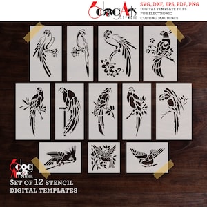 12 Parrot Bird Digital Stencil Templates SVG DXF Vector Files Mylar Polyester Film GlowForge Laser Cutting Silhouette Cricut Download JS-86