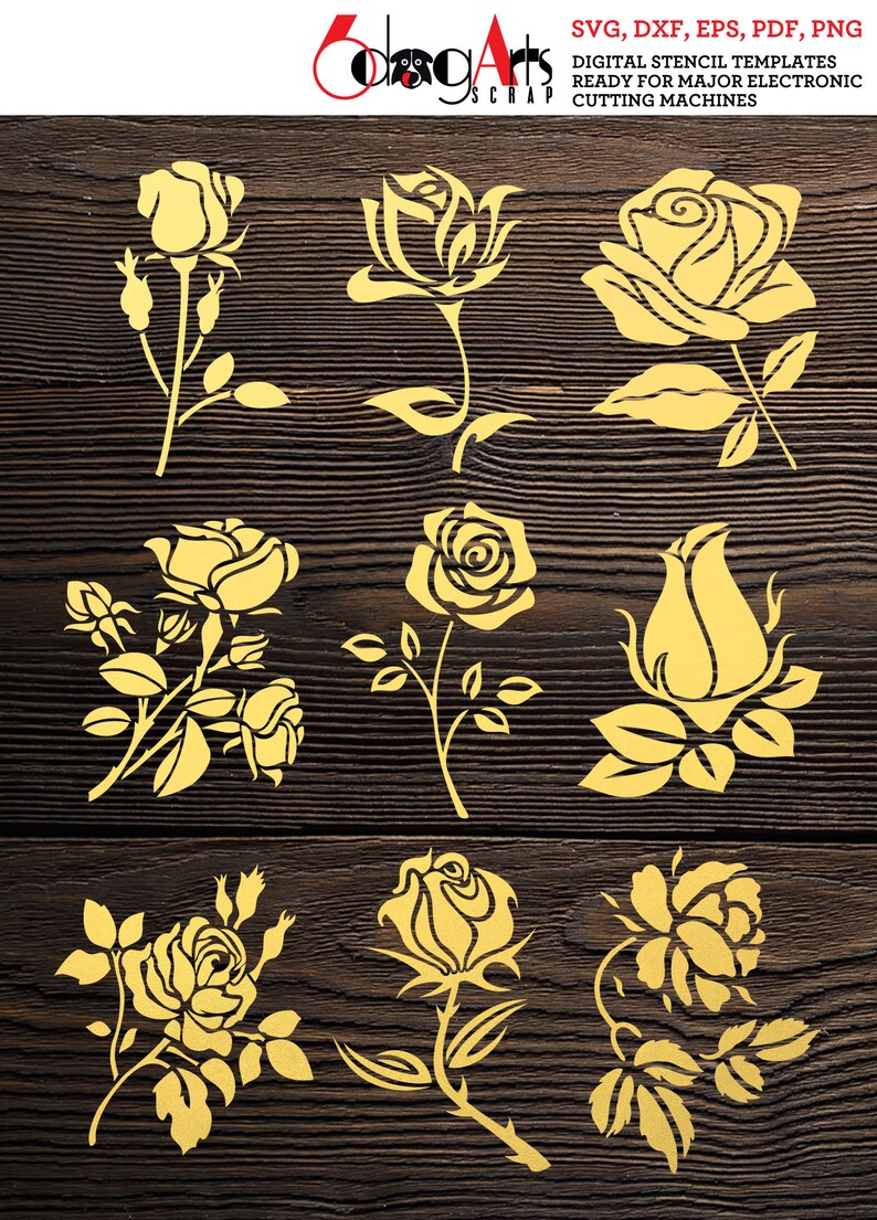 9 Rose Flower Digital Stencil Templates SVG DXF eps pdf png files Mylar Film Cutting Wall Tile Scrapbooking Laser Cricut Download JB-1506