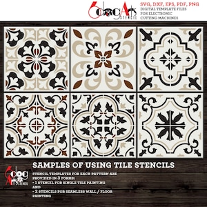 Może przedstawiać: Sześć wzorów szablonów do płytek w kolorze czarnym, brązowym i beżowym. Szablony są przeznaczone do malowania pojedynczych płytek oraz do malowania ścian lub podłóg bez szwów. Tekst brzmi "Przykłady użycia szablonów do płytek".