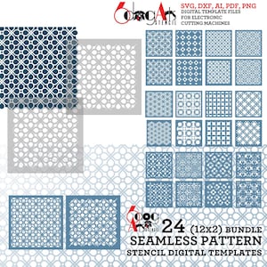 May include: A set of 24 digital seamless pattern stencil templates in blue and white. The templates are perfect for crafting, home decor, and DIY projects. The image includes the text "24 (12x2) BUNDLE SEAMLESS PATTERN STENCIL DIGITAL TEMPLATES".