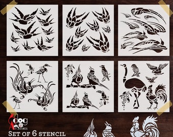 6 Antique Bird Digital Stencil Templates SVG DXF Vector Files Mylar Polyester Film GlowForge Laser Cutting Silhouette Cricut Download JS-48