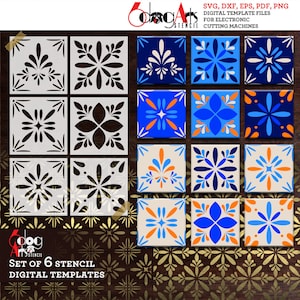 6 Mexican Talavera Tile Digital Stencil Templates SVG DXF vector files diy Mylar Film Cutting Cookie Stencils Cricut Download JB-1515