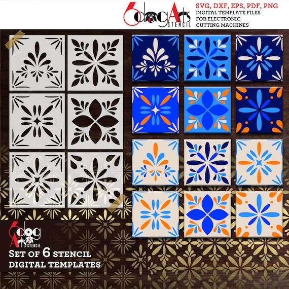 6 Mexican Talavera Tile Digital Stencil Templates SVG DXF Vector.