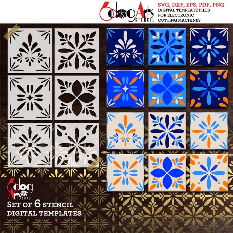 Set of six digital stencil templates for cutting machines. The stencils feature a variety of geometric patterns in blue, orange, and white.