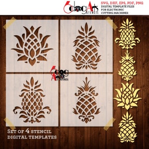 4 Deco Pineapple Digital Stencil and Decal Templates SVG DXF files Mylar Film Cutting Wall Tile Scrapbooking Laser Cricut Download JS-11