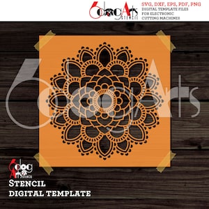 May include: A digital template for a mandala stencil. The mandala is black and white and has a circular design with intricate details. The template is on a orange background.