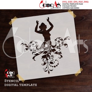 May include: A black and white digital stencil design of a woman in a dancing pose with a floral design behind her. The stencil is for use with electronic cutting machines.