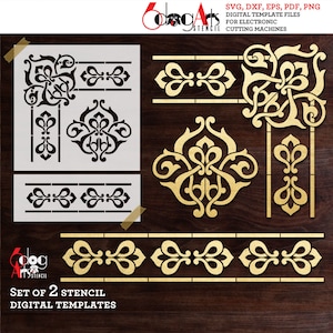 May include: Set of 2 digital stencil templates featuring intricate gold-colored designs. The designs include a corner piece, a center piece, and two border patterns. The templates are for use with electronic cutting machines.