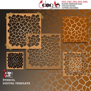 May include: A digital template for a geometric pattern stencil. The design features a repeating pattern of irregular, organic shapes resembling a honeycomb or a cracked surface. The template is available in SVG, DXF, EPS, PDF, and PNG formats, suitable for electronic cutting machines.