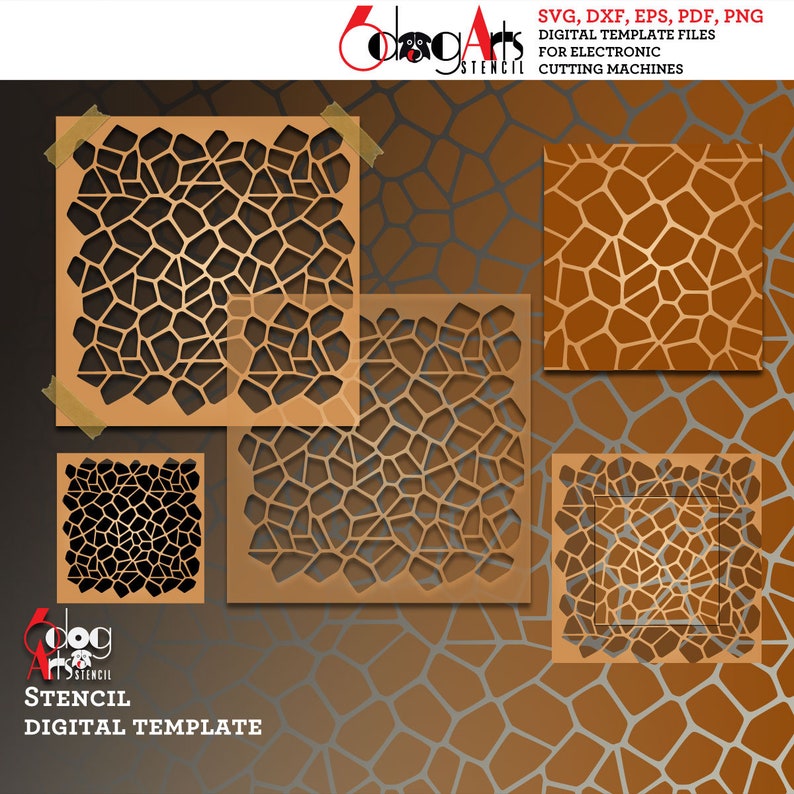 May include: A digital template for a geometric pattern stencil. The design features a repeating pattern of irregular, organic shapes resembling a honeycomb or a cracked surface. The template is available in SVG, DXF, EPS, PDF, and PNG formats, suitable for electronic cutting machines.