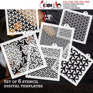 Könnte beinhalten: Satz mit sechs digitalen Schablonenvorlagen mit geometrischen Mustern. Die Schablonen sind schwarzweiß und haben ein modernes Design. Der Text "Set of 6 Stencil Digital Templates" befindet sich am unteren Rand des Bildes.