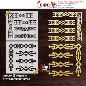 2 Arabesque Corner Border Stencil / Decal Digital Templates SVG DXF vector files Mylar Film Vinyl Cutting Silhouette Cricut Download JB-1429