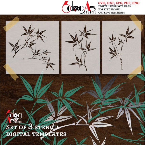 3 Bamboo Digital Stencil Templates SVG DXF Vector Files Mylar Film Cutting Fabric Wall Painting Scrapbooking Laser Cricut JS-157