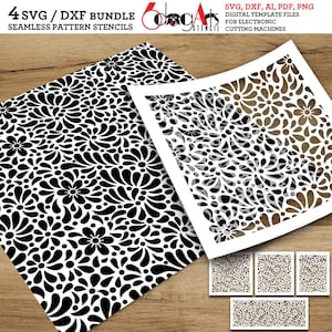 May include: A digital bundle of four seamless pattern stencils featuring black and white floral and teardrop motifs. The text 4 SVG / DXF BUNDLE SEAMLESS PATTERN STENCILS and 6dogArts STENCIL SVG, DXF, AI, PDF, PNG DIGITAL TEMPLATE FILES are visible.
