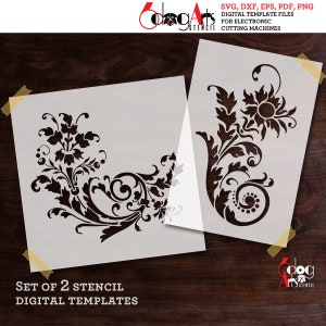 May include: Set of two digital stencil templates featuring intricate floral designs. The stencils are perfect for crafting projects, home decor, and more.
