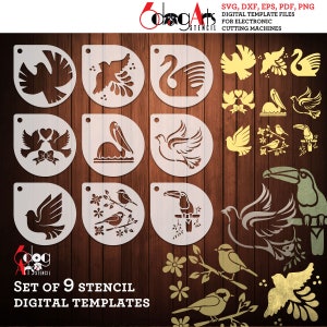 9 Bird Digital Cookie / Tile Stencil Templates SVG DXF vector files Mylar Polyester Film Laser Cutting Silhouette Cricut Download JB-1574