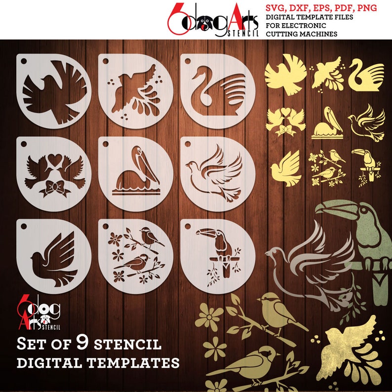May include: Set of 9 digital stencil templates featuring various bird and animal designs. The designs include a swan, pelican, toucan, and various birds. The stencils are perfect for crafting and decorating projects.