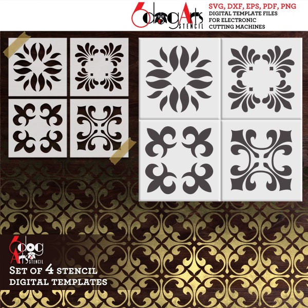 4 Tile Digital Stencil Template Designs SVG DXF vector files diy Mylar Film Cutting Cookie Stencils Cricut Digital Download JB-1137