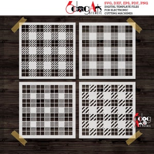 Puede incluir: Cuatro plantillas cuadradas blancas con un patrón de cuadros en blanco y negro. Las plantillas están dispuestas en una cuadrícula de 2x2. Las plantillas están diseñadas para su uso con máquinas de corte electrónicas.