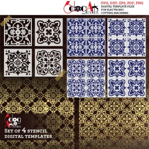 4 modelli di stencil digitali per piastrelle marocchine file vettoriali SVG DXF Stencil per biscotti con pellicola Mylar Cricut GlowForge Download JB-1425