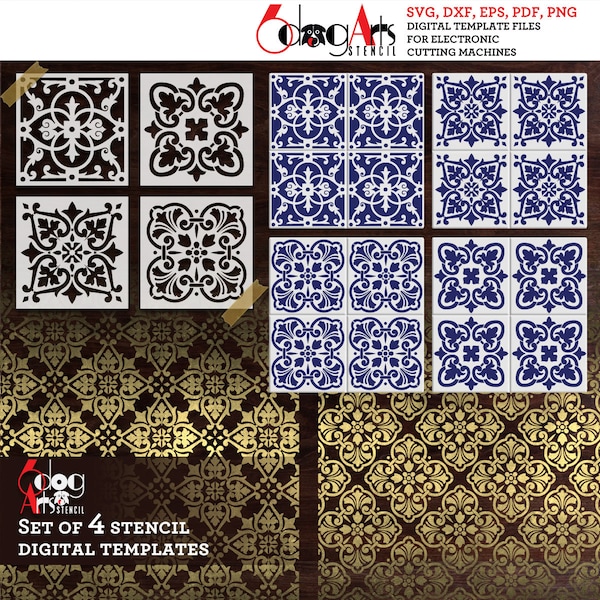 Carrelage marocain 4 modèles de modèles de pochoirs numériques DXF SVG fichiers vectoriels Mylar Film coupe Cookie pochoirs Cricut GlowForge Télécharger JB-1425