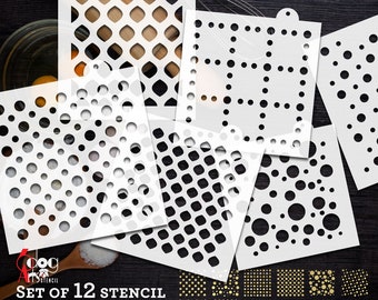 May include: Set of 12 digital stencil templates for electronic cutting machines. The templates feature various geometric patterns with circles, squares, and diamonds.