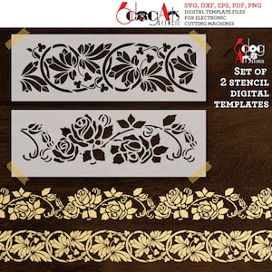 Puede incluir: Conjunto de 2 plantillas de esténcil digitales con diseños florales. Las plantillas incluyen un patrón de borde repetitivo con rosas y hojas, una sola fila de rosas y un patrón de borde repetitivo con hojas y espirales.