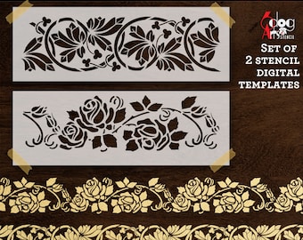 2 Floral Border Digital Stencil Templates SVG DXF files diy Mylar Cutting Crafts Silhouette Cricut Download JS-116