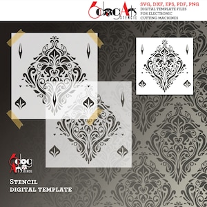 Könnte beinhalten: Eine digitale Vorlage für eine Damask-Muster-Schablone. Die Schablone hat die Form eines Diamanten mit komplizierten floralen Designs. Die Vorlage ist in den Formaten SVG, DXF, EPS, PDF und PNG verfügbar. Sie ist für die Verwendung mit elektronischen Schneidemaschinen konzipiert.