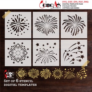 6 modelli di stencil digitali per fuochi d'artificio di Natale e Capodanno, file SVG DXF, pellicola Mylar, GlowForge, taglio laser, Cricut, download immediato JS-248