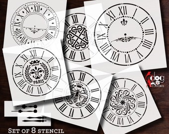 May include: Set of eight digital clock face stencils for crafting projects. The stencils feature various designs, including a bee, a fleur-de-lis, and a Celtic knot. The stencils are designed for use with electronic cutting machines.