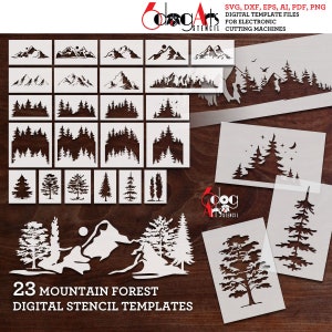 May include: 23 digital stencil templates featuring mountain and forest designs. The designs include mountains, trees, and a moon. The stencils are perfect for crafting and decorating.