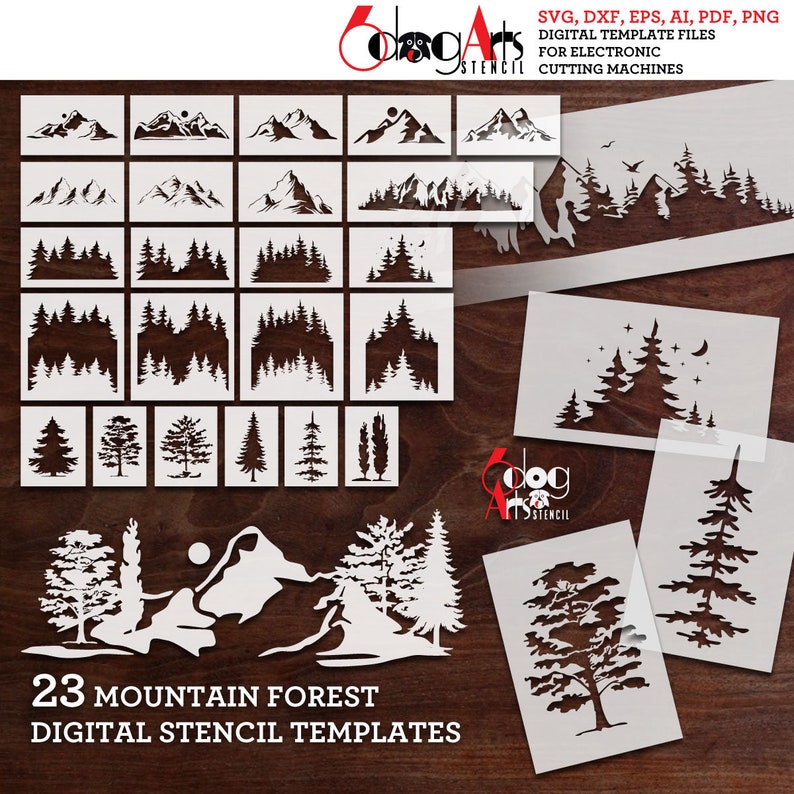 23 digital stencil templates featuring mountain and forest designs. The designs include mountains, trees, and a moon. The stencils are perfect for crafting and decorating.